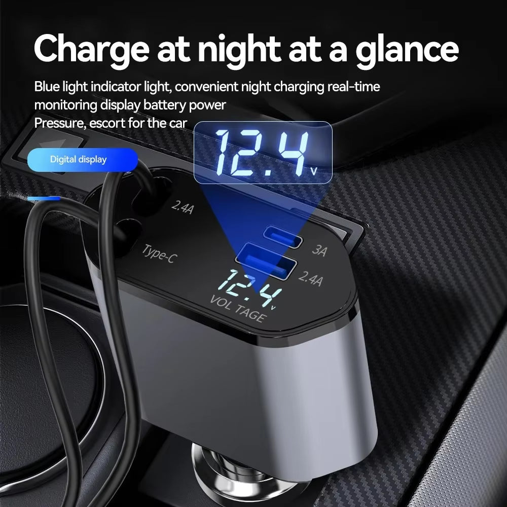 4-In-1 Charger Adapter Car Cigarette Lighter Phone Charger 120W Fast Charging Flash Charging Retractable Car Charging