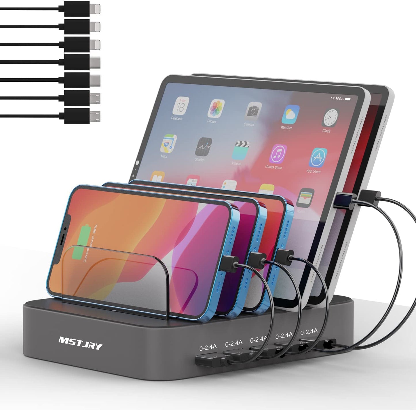 Charging Station for Multiple Devices: Valentines Day Gifts for Her Him - 5 Port USB-A Charging Dock Charger Stations Designed for Iphone Ipad Cell Phone Tablets (7 Short Cables Included)