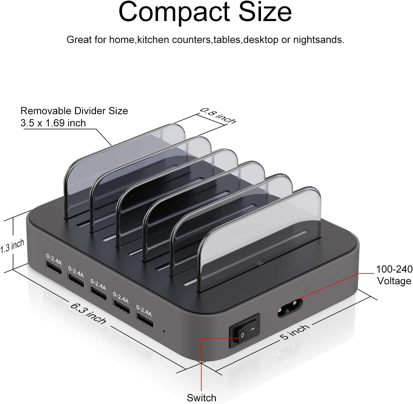 Charging Station for Multiple Devices: Valentines Day Gifts for Her Him - 5 Port USB-A Charging Dock Charger Stations Designed for Iphone Ipad Cell Phone Tablets (7 Short Cables Included)