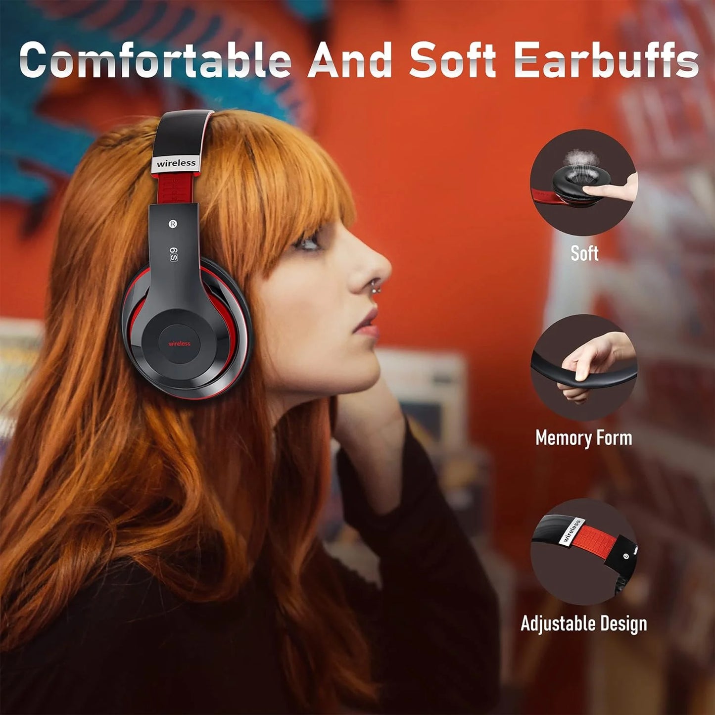 Bluetooth Headphones over Ear, Wireless Headphones Wired with 6 EQ Modes, 40 Hours Playtime Foldable Hifi Stereo Headset with Microphone, FM/TF for Cellphone/Pc/Work (Black & Red)