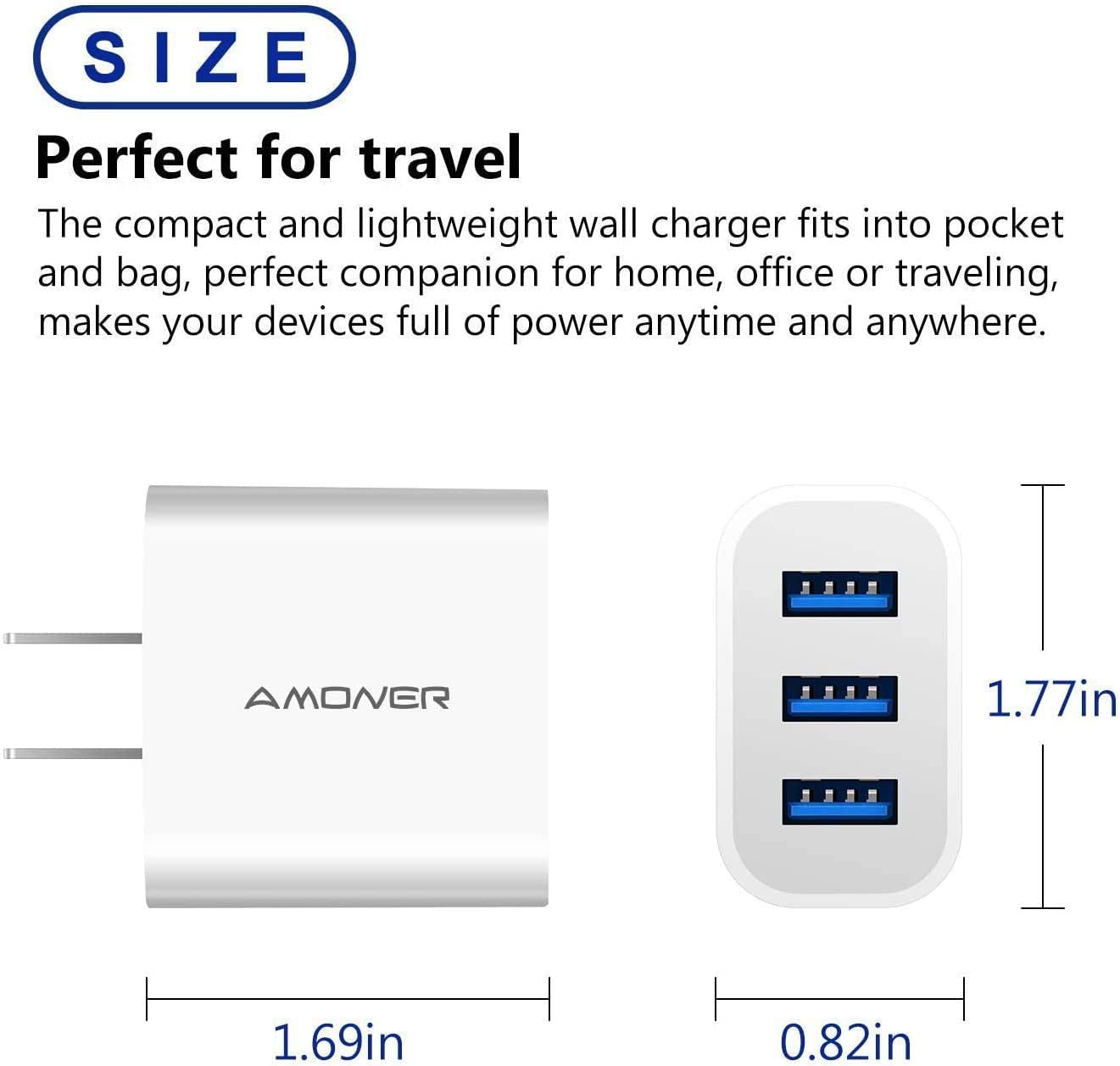 USB Wall Charger,  2Pack 15W 3-Port USB Charger Block Iphone Cube Charging Blocks for Iphone 14/13/12/11/X/XR/X/8/7/6, Galaxy, Android Phones and More