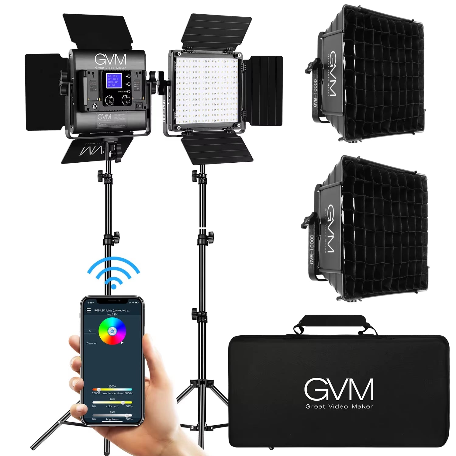 GVM 1000D RGB Led Video Light with 2 Softboxes Photography Lighting Kit Bluetooth Control Full Color Video Lighting