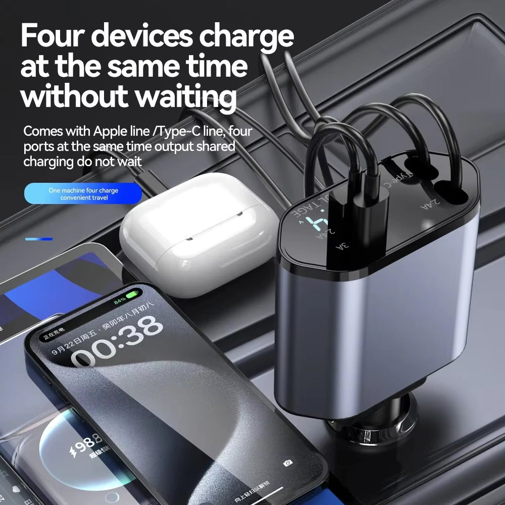 4-In-1 Charger Adapter Car Cigarette Lighter Phone Charger 120W Fast Charging Flash Charging Retractable Car Charging