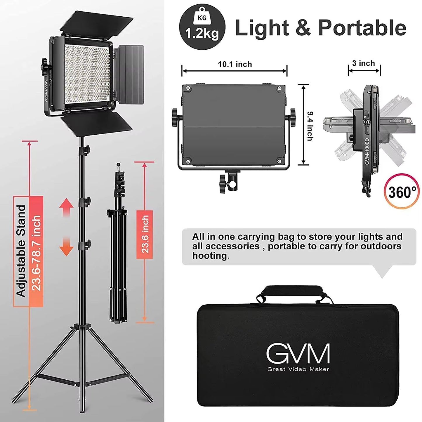 GVM 1000D RGB Led Video Light with 2 Softboxes Photography Lighting Kit Bluetooth Control Full Color Video Lighting