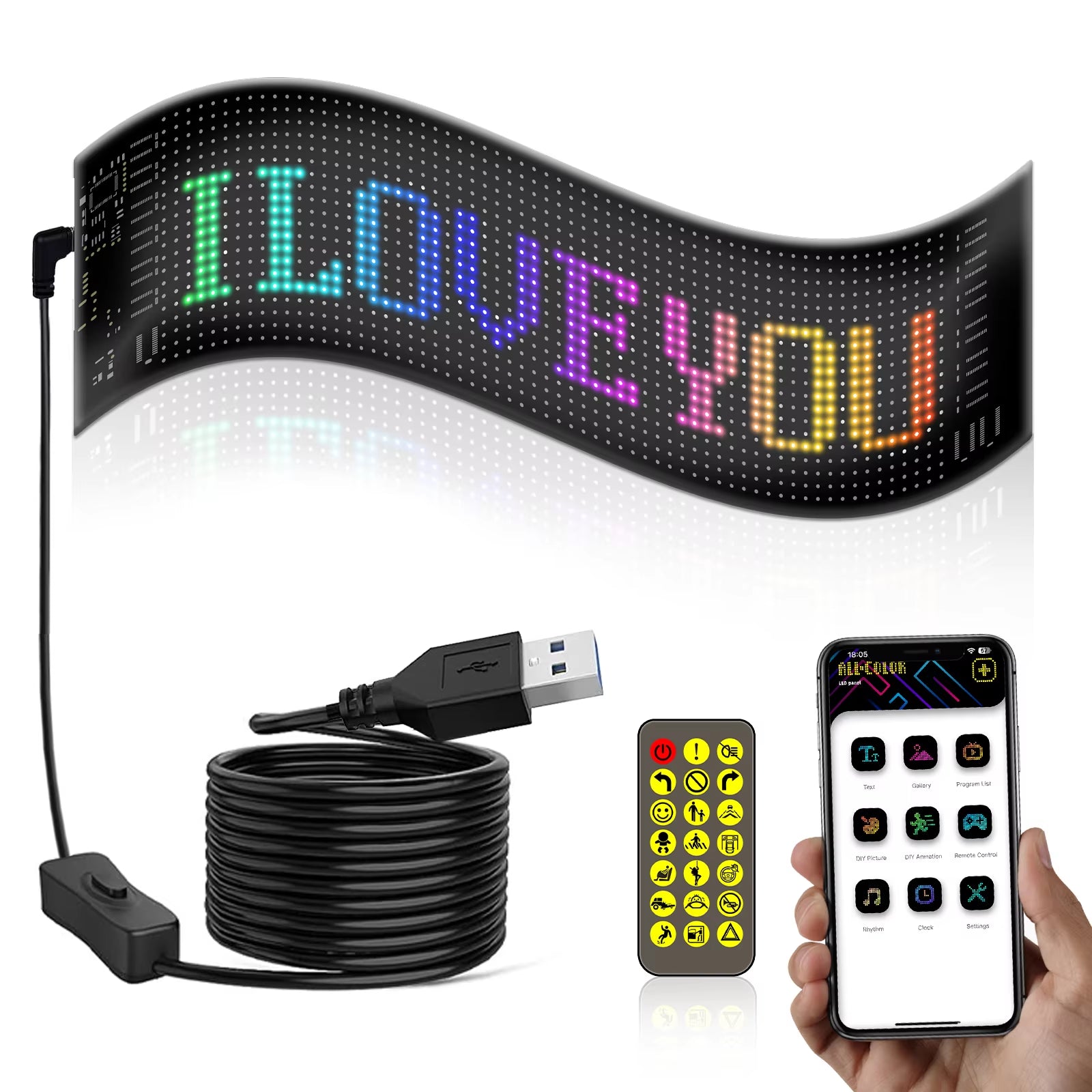 Car LED Matrix Pixel Panel DIY RGB Lighting Graffiti Scrolling Text Board Windshield Advertising Screen Bluetooth APP Control