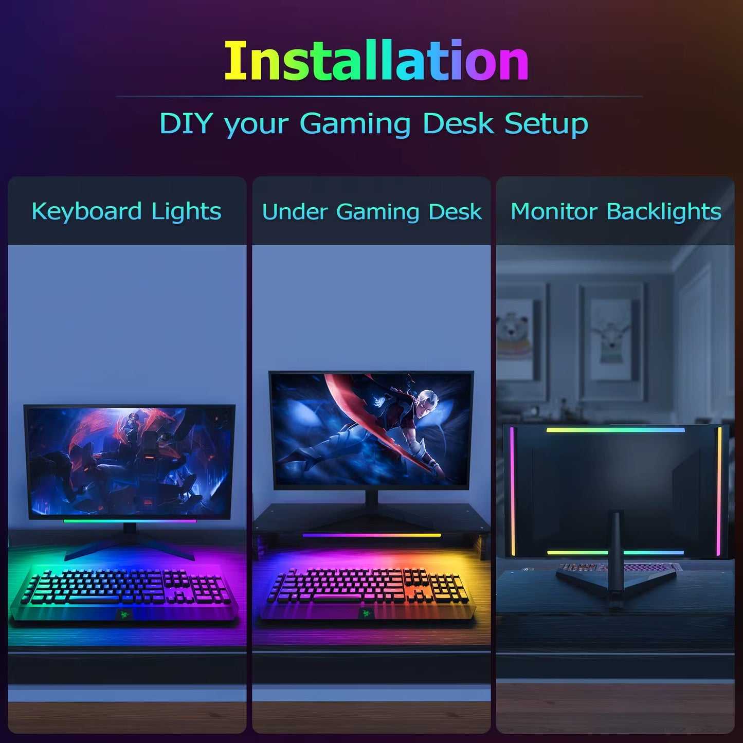 WILLED 2 In1 under Monitor Light Bar Gaming Lights for Gaming Setup Desk Led with Remote Controlle for Keyboard Light PC